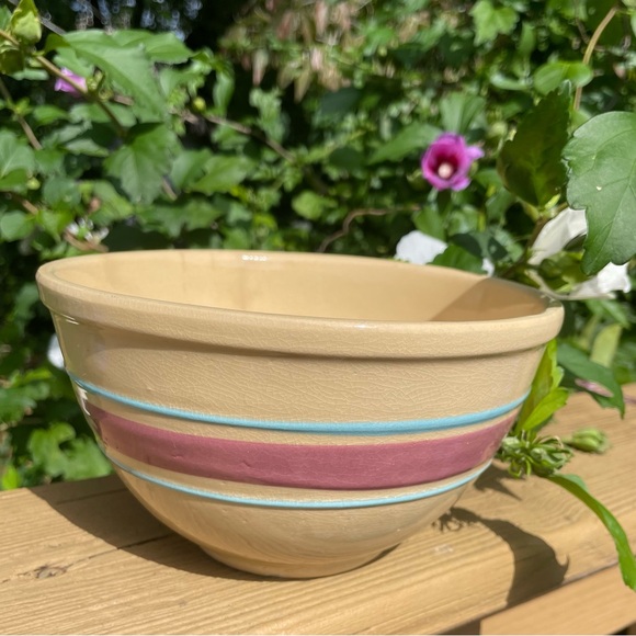 Watt Other - SOLD Watt Pottery Yellow Ware Pink & Blue Band #7 Mixing Bowl Hairline Cracks